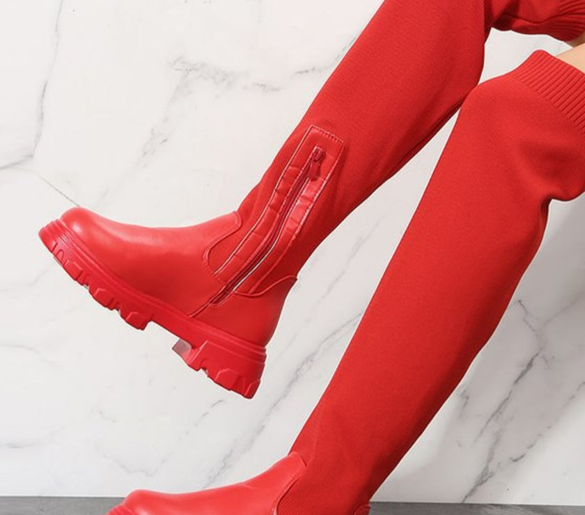 PU Leather Round Toe Platform Boots