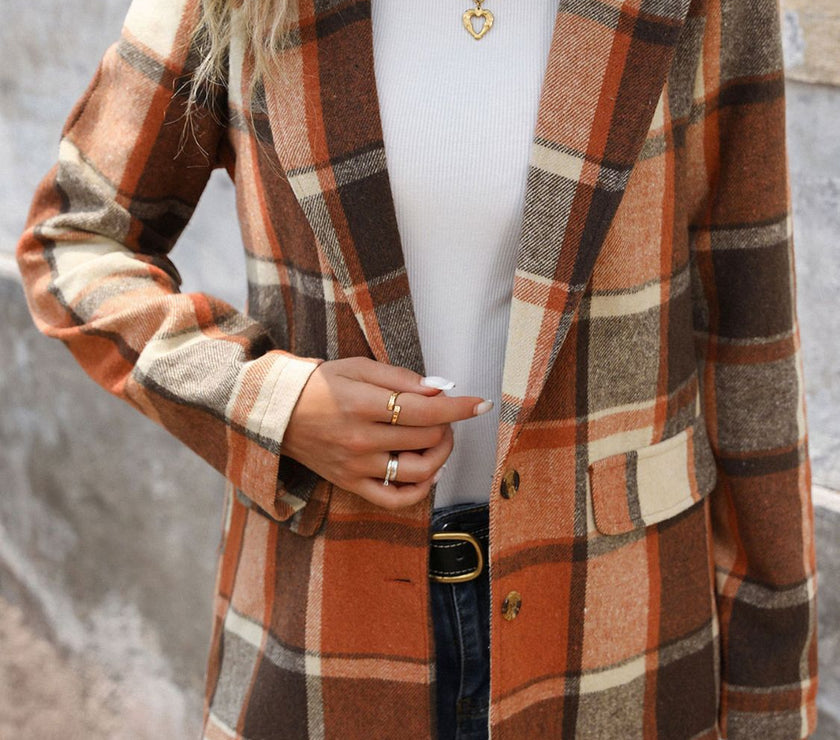 Perfee Plaid Button Down Lapel Collar Blazer