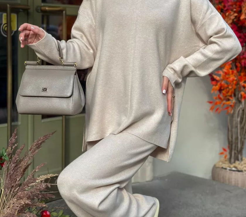 Slit Mock Neck Top and Pants Sweater Set