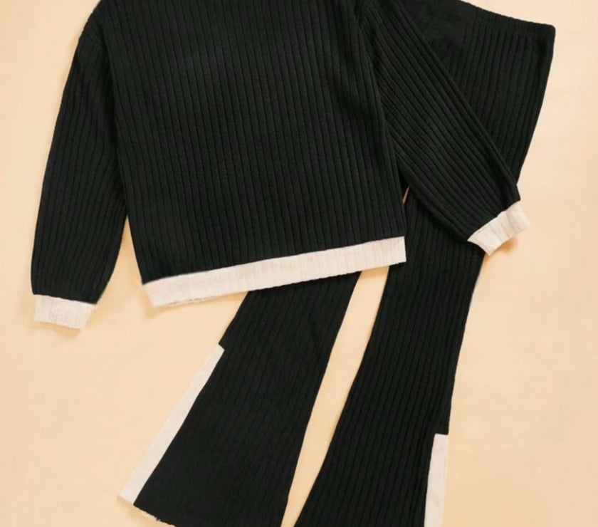 Contrast Round Neck Long Sleeve Top and Bootcut Pants Set