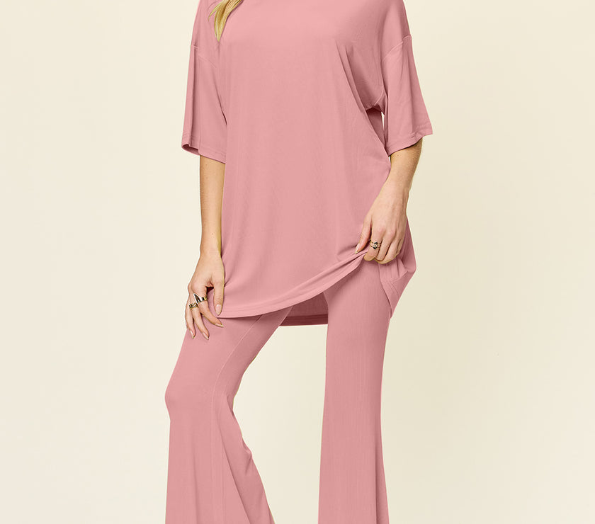 Double Take Full Size Round Neck Drop Shoulder T-Shirt and Flare Pants Set