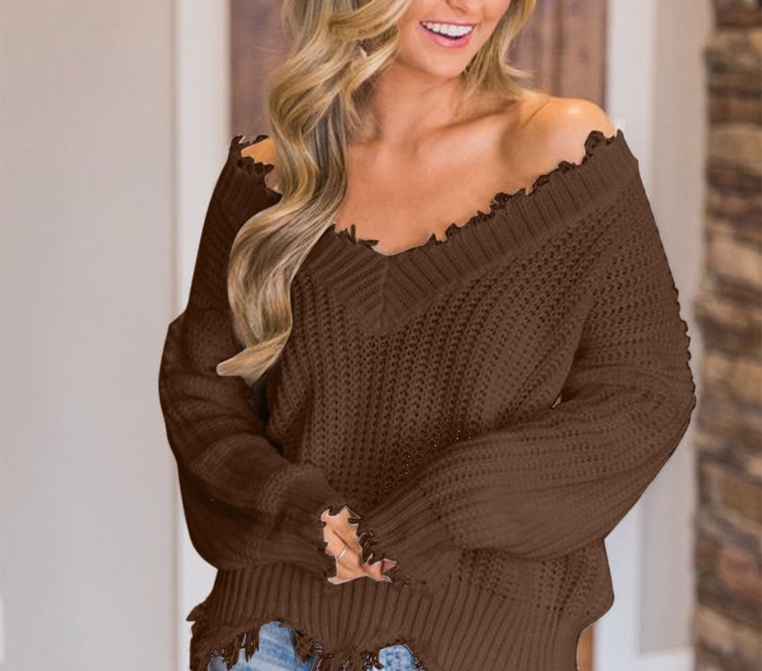 Frayed Hem Dropped Shoulder Sweater