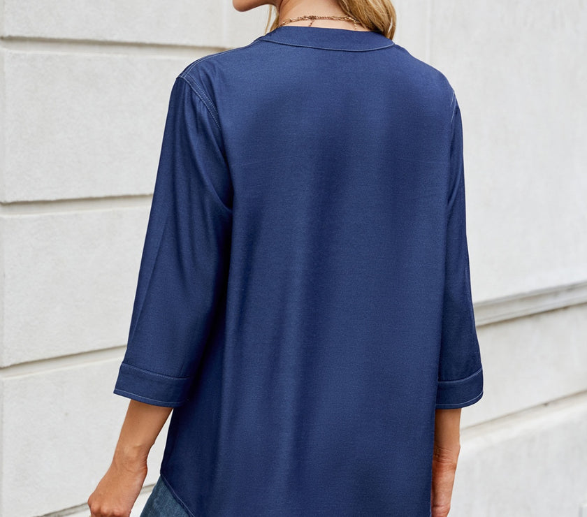Notched Three-Quarter Sleeve Denim Top