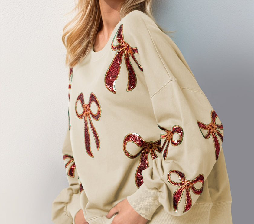 Double Take Christmas Bow Sequin Round Neck Dropped Shoulder Sweatshirt