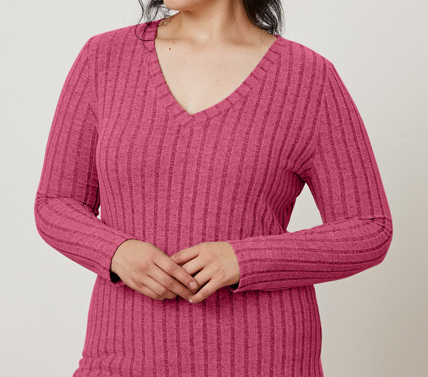 Basic Bae Full Size Ribbed V-Neck Long Sleeve T-Shirt
