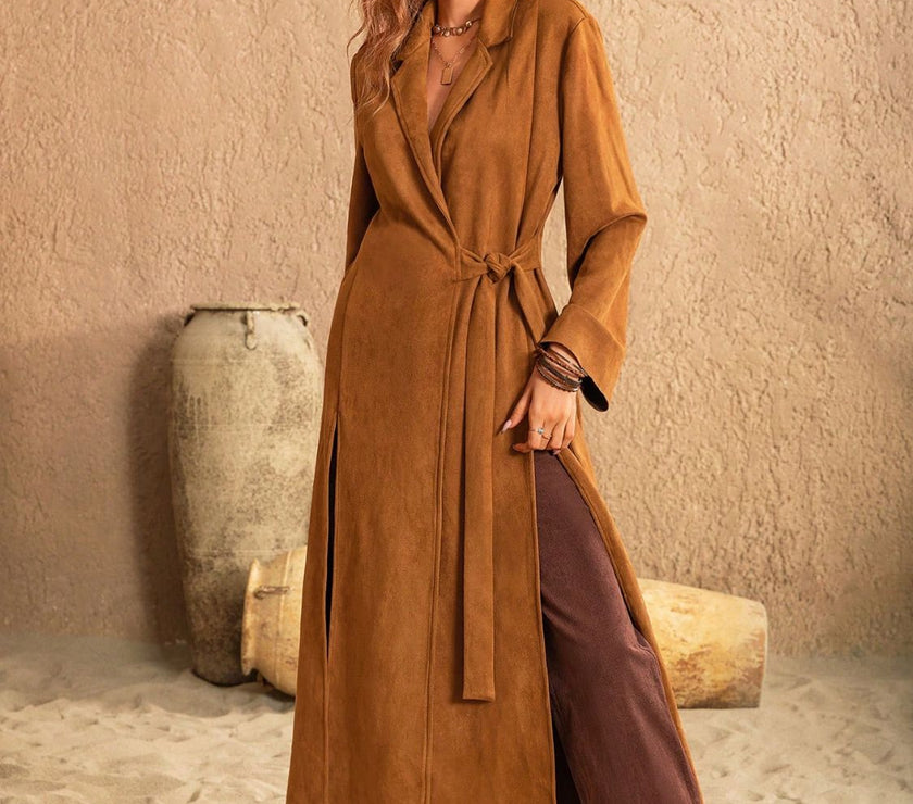 Slit Tied Collared Neck Longline Coat
