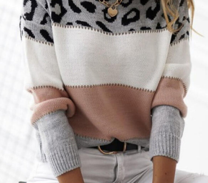 Leopard Color Block Round Neck Long Sleeve Sweater