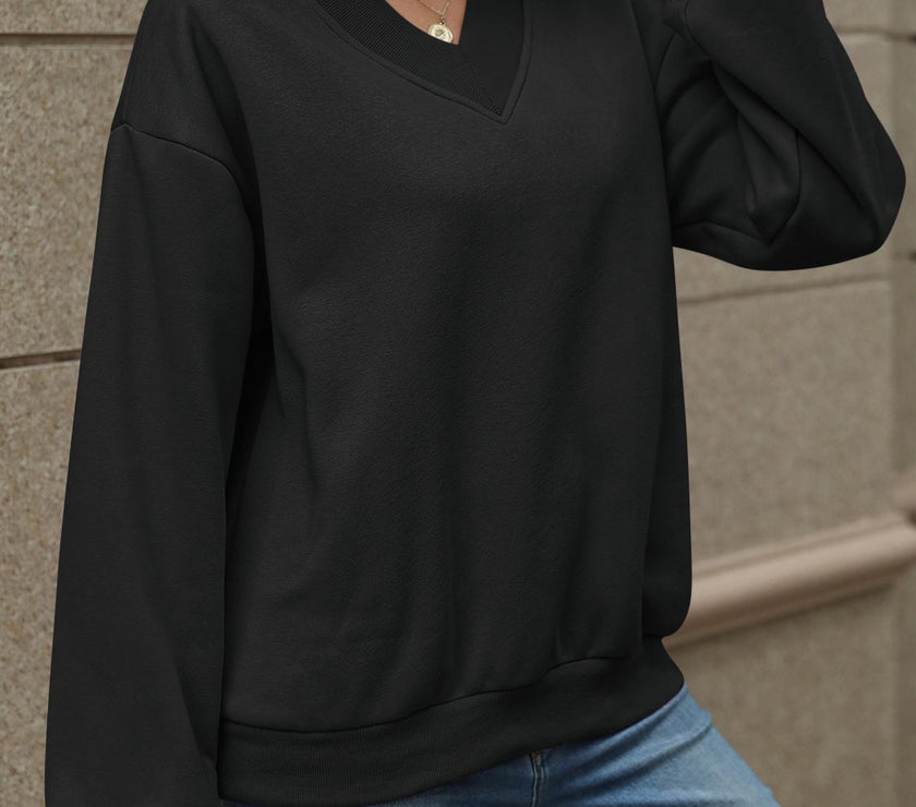 V-Neck Long Sleeve Dropped Shoulder Sweatshirt