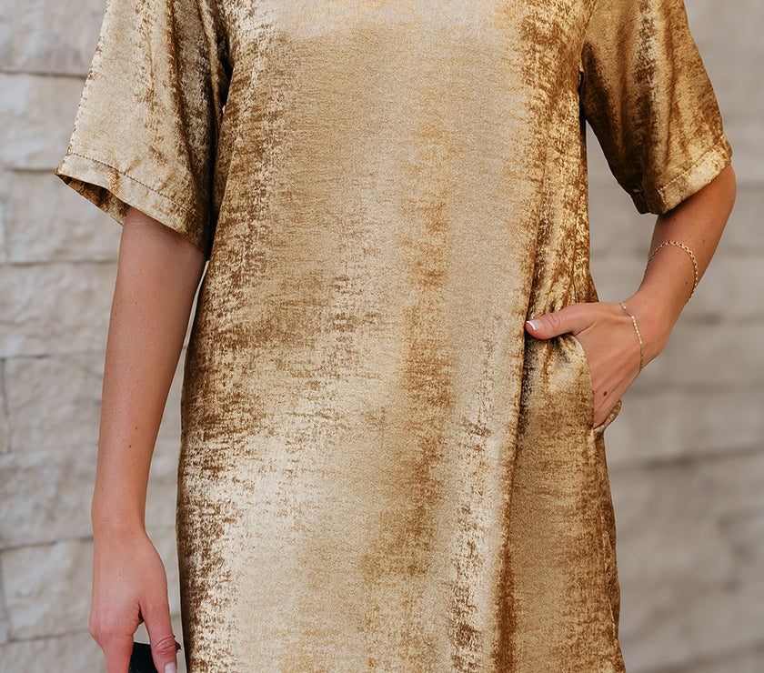 Gold Metallic Luster Crewneck Mini T-Shirt Dress