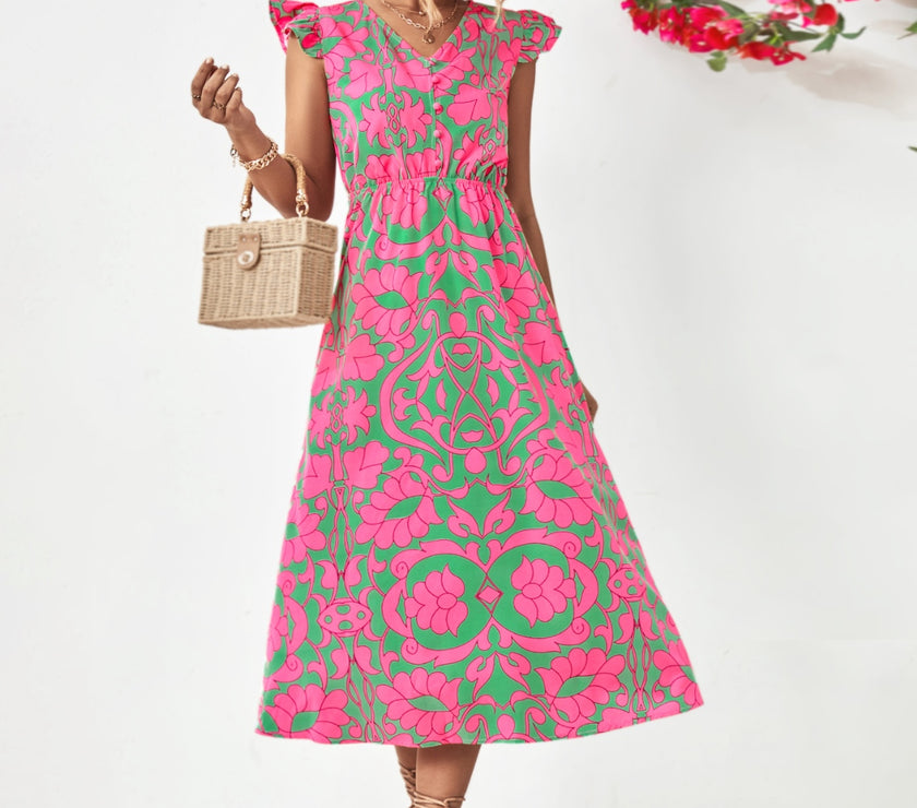 Printed V-Neck Cap Sleeve Dress