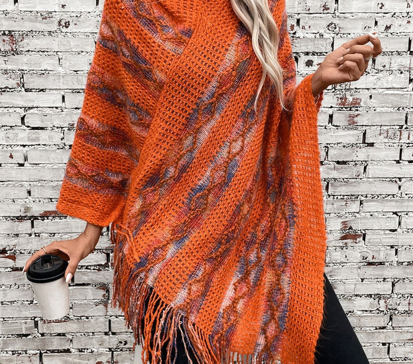 Fringe Contrast Hooded Poncho