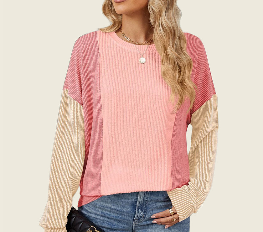 Double Take Texture Contrast Round Neck Long Sleeve T-Shirt