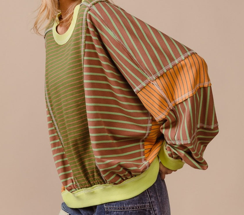 BiBi Color Block Striped Round Neck Sweatshirt