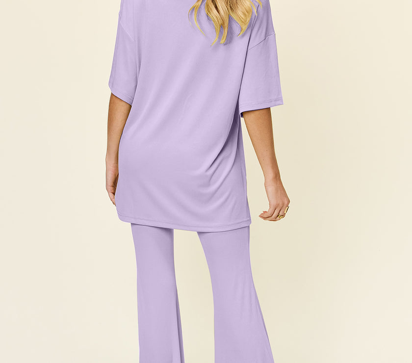 Double Take Full Size Round Neck Drop Shoulder T-Shirt and Flare Pants Set