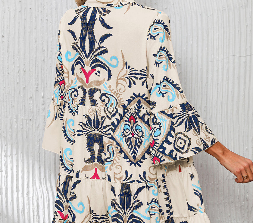 White Printed Tribal Bracelet Sleeve Buttoned Mini Dress