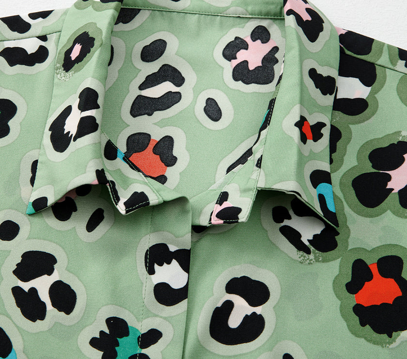 Green Leopard Print Short Sleeve Shirt and Wide Leg Pants Set