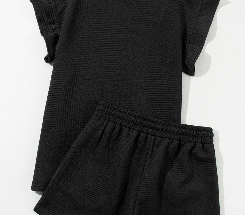 Black Textured Ruffle Split Top and Drawstring Shorts
