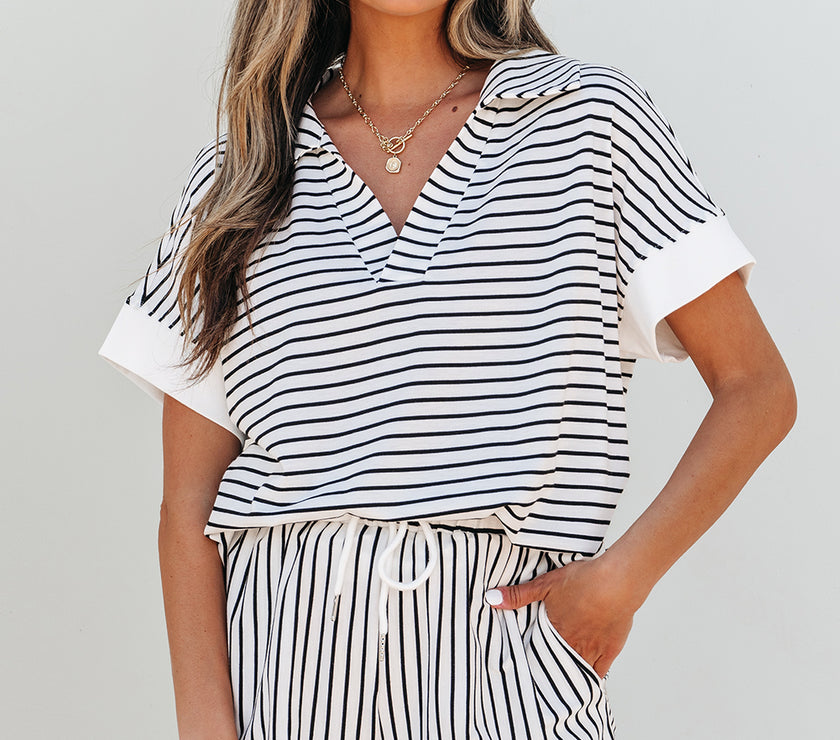 Black Stripe V Neck Tee and Casual Short Set
