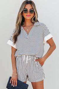 Black Stripe V Neck Tee and Casual Short Set