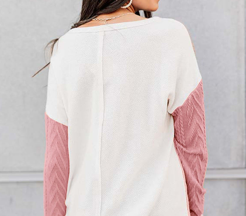 Full Size Color Block Cable-Knit Tops