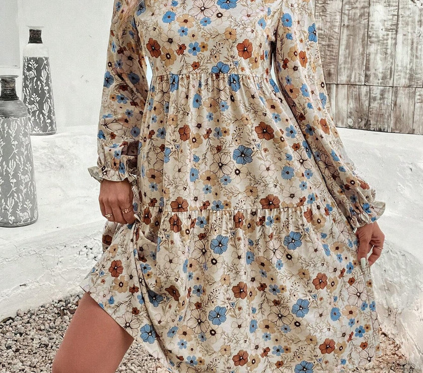 Tiered Floral Round Neck Long Sleeve Dress