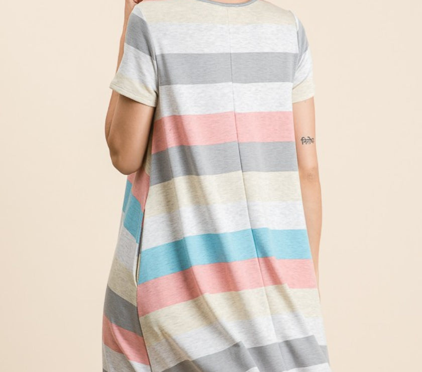 BOMBOM Striped Short Sleeve Dress with Pockets