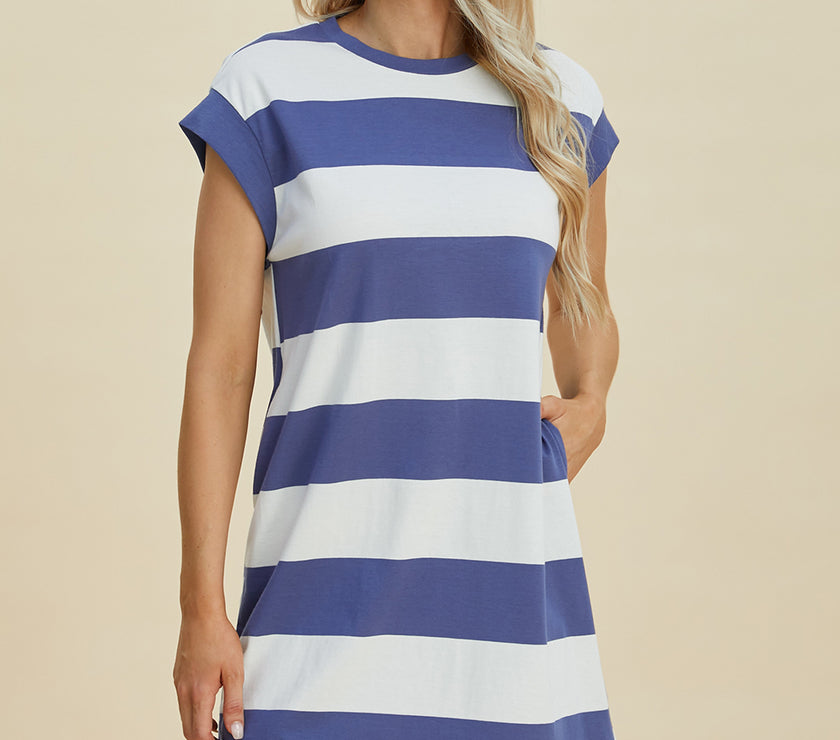 Basic Bae Full Size Striped Round Neck Cap Sleeve Mini Dress