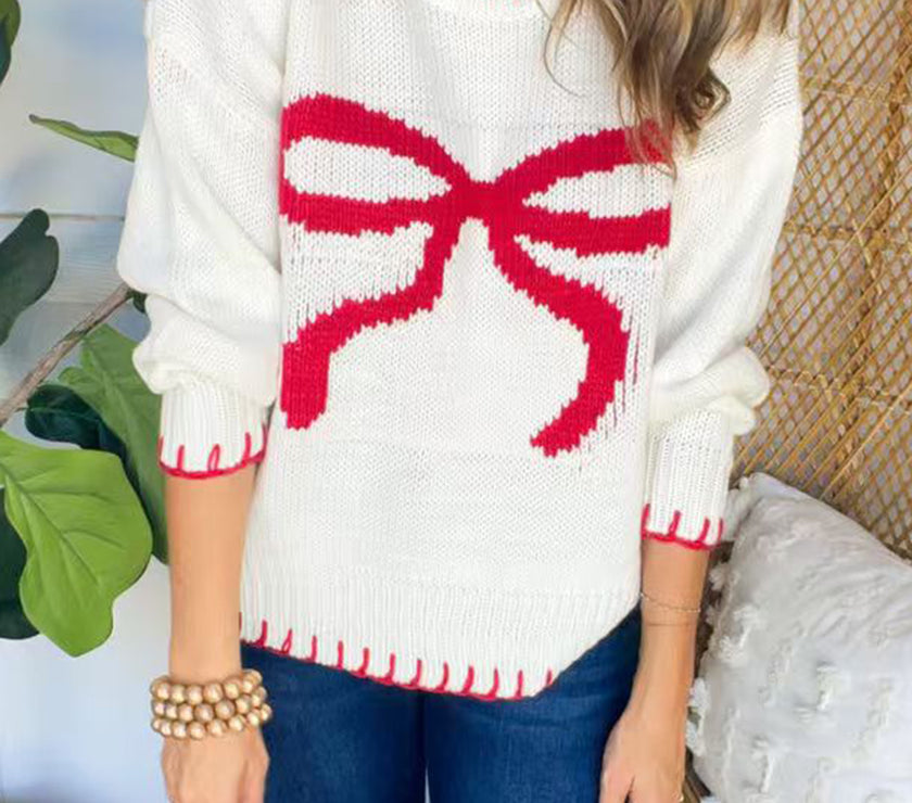 Bow Round Neck Long Sleeve Sweater