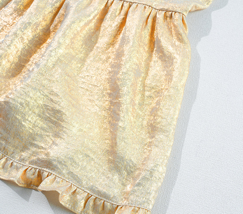 Gold Metallic Frilled V Neck Puff Sleeve Babydoll Blouse