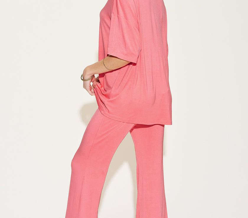 Basic Bae Full Size Bamboo Drop Shoulder T-Shirt and Flare Pants Set