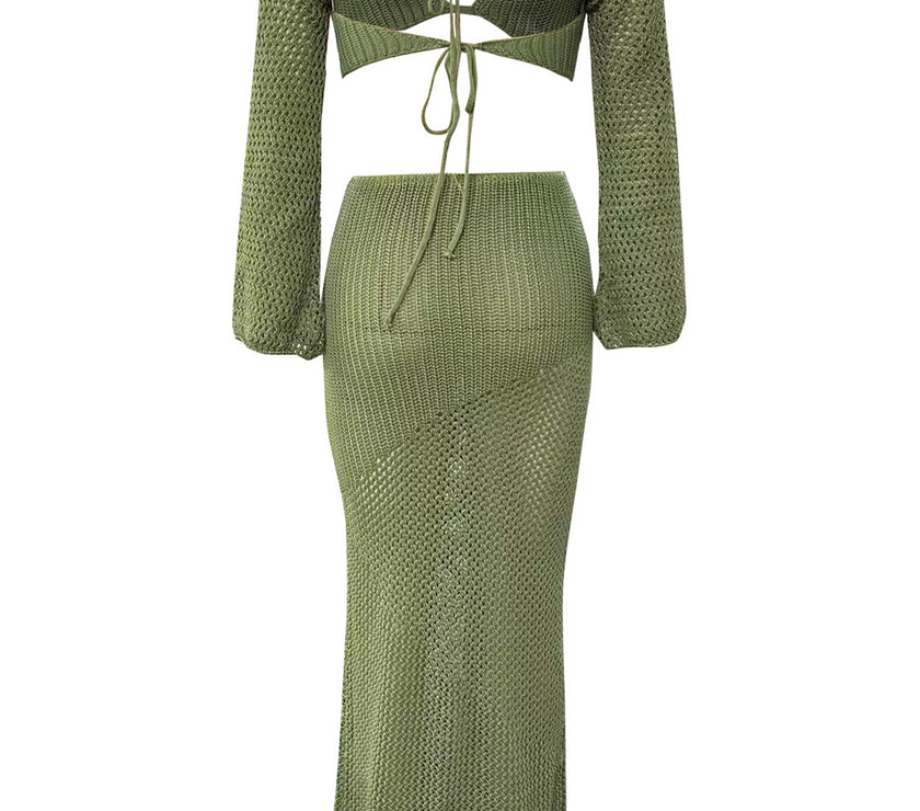 Tied Long Sleeve Top and Skirt Cover Up Set