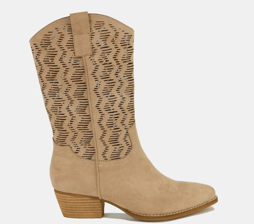 Beast Fashion Faux Suede Laser Cut Detail Block Heel Boots