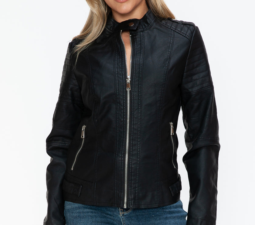 Snobbish PU Leather Biker Jacket with Side Zip Pockets