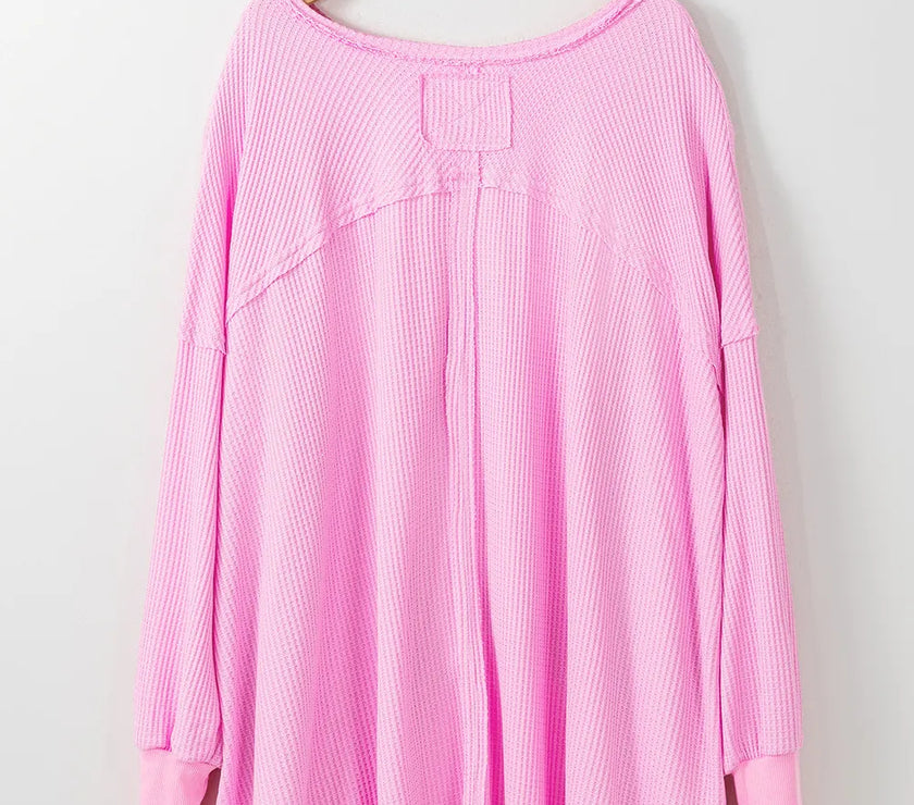 Waffle-Knit V-Neck Long Sleeve Blouse