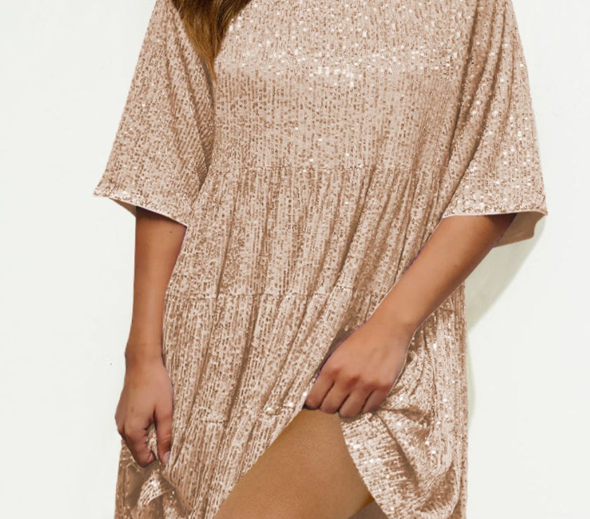 Sequin Round Neck Half Sleeve Mini Dress