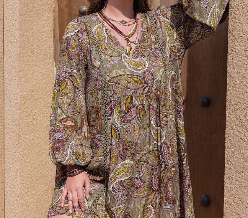 Plus Size Printed V-Neck Long Sleeve Midi Dress