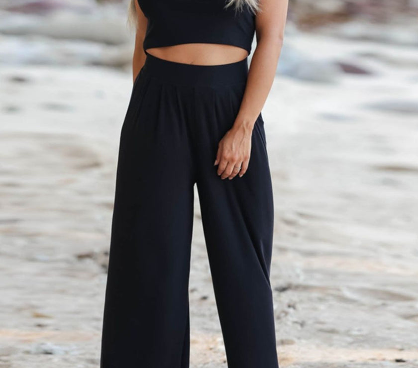 Round Neck Short Sleeve Top and Pocketed Pants Set