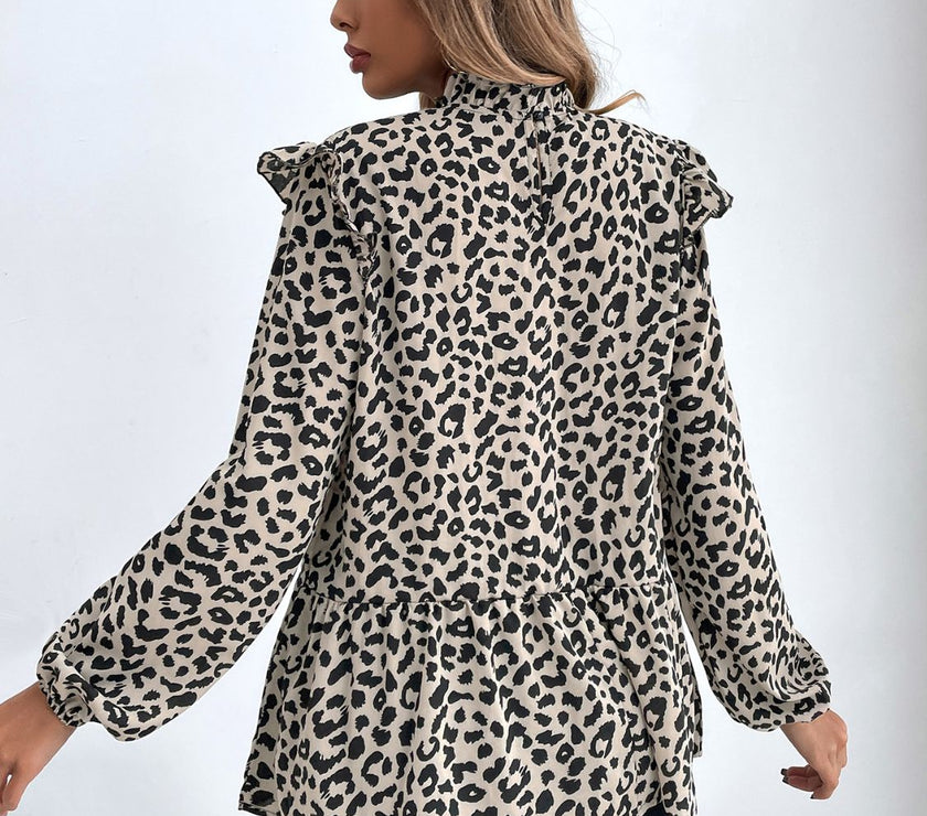 Ruffled Leopard Mock Neck Long Sleeve Blouse