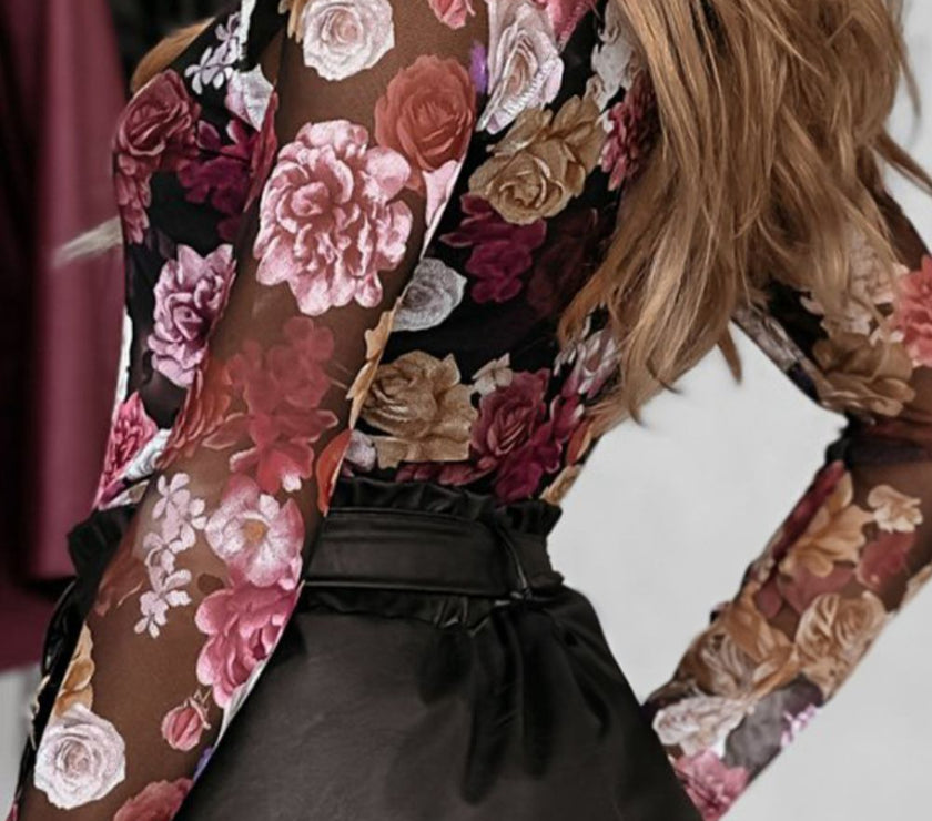 Floral Mock Neck Long Sleeve Mesh Top