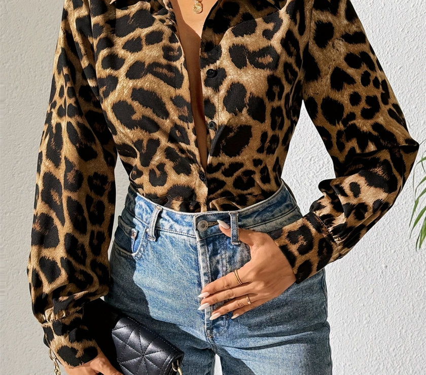 Leopard Collared Neck Long Sleeve Shirt