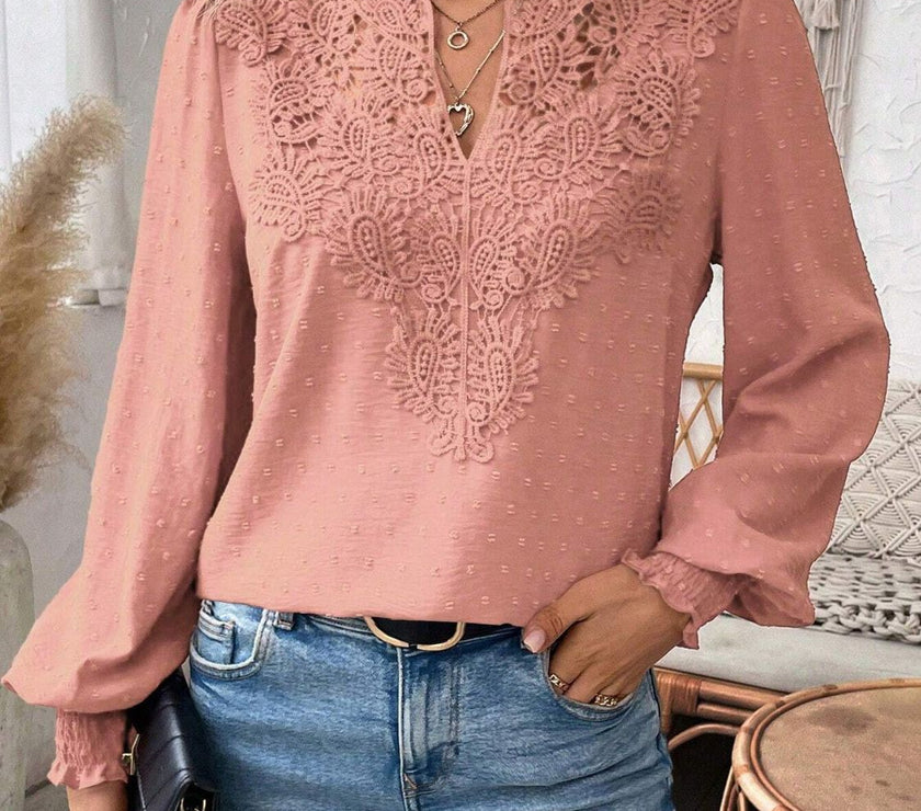 Swiss Dot Lace Detail Notched Long Sleeve Blouse