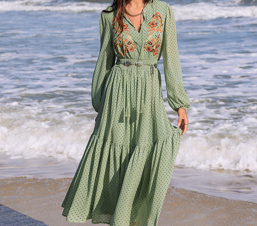 Embroidered Polka Dot Tie Neck Long Sleeve Midi Dress