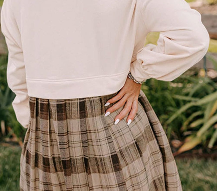 Plaid Round Neck Long Sleeve Mini Dress