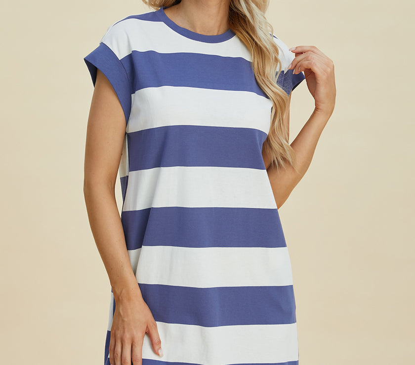 Basic Bae Full Size Striped Round Neck Cap Sleeve Mini Dress
