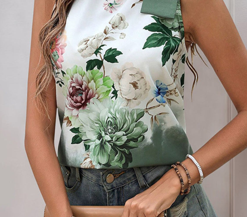 Tied Flower Printed Mock Neck Top