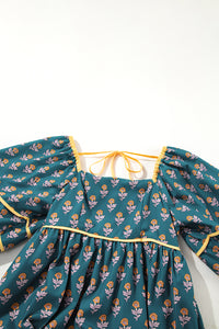 Skobeloff Floral Contrast Trim Square Neck Puff Sleeve Dress