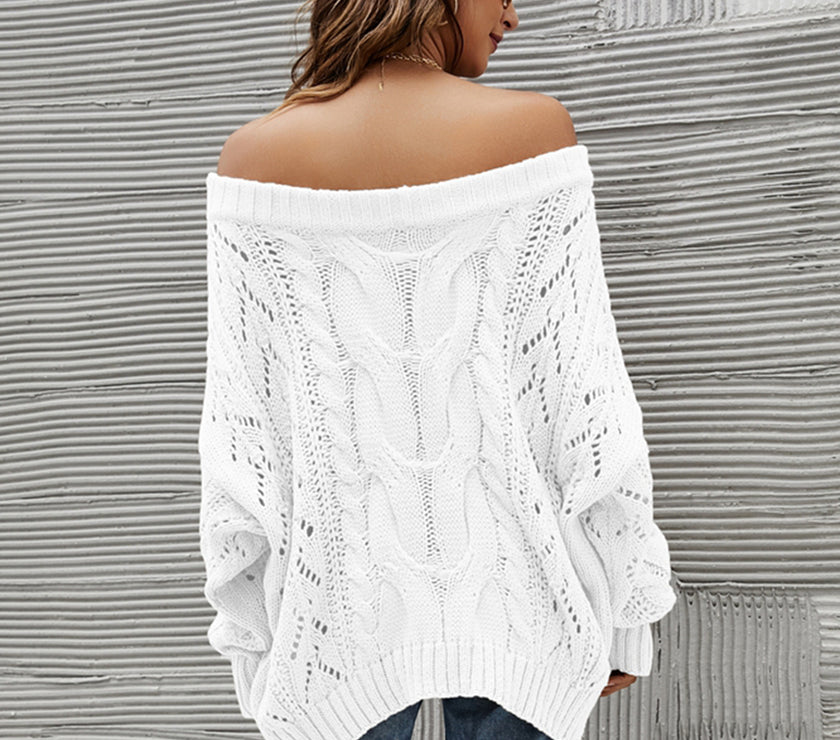 Cable Knit Openwork Off-Shoulder Sweater