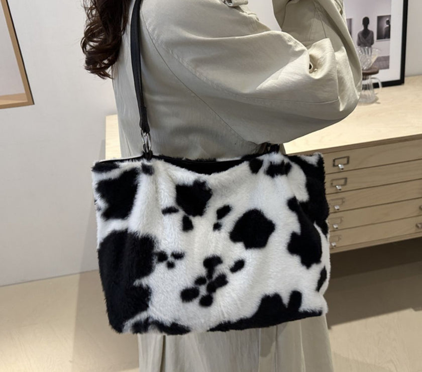 Cow Print Furry Tote Bag