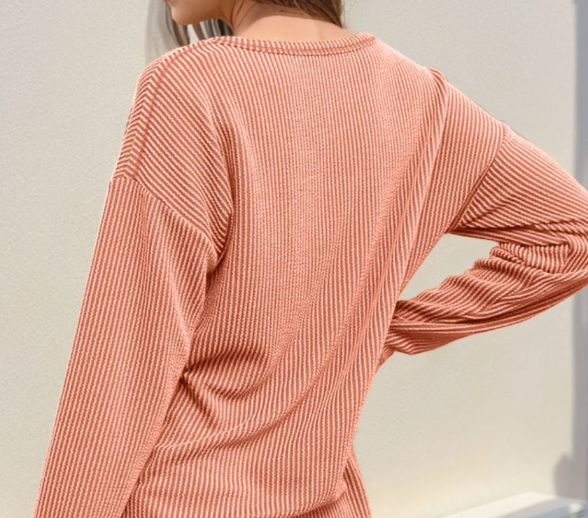 Double Take Striped Notched Long Sleeve T-Shirt